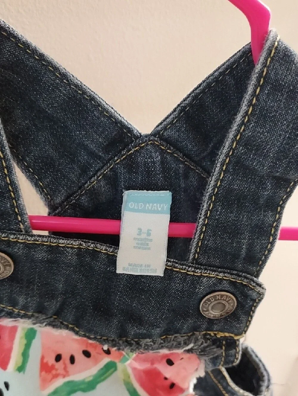 Old Navy Denim Overall Dress with Pink & Green Watermelon Print